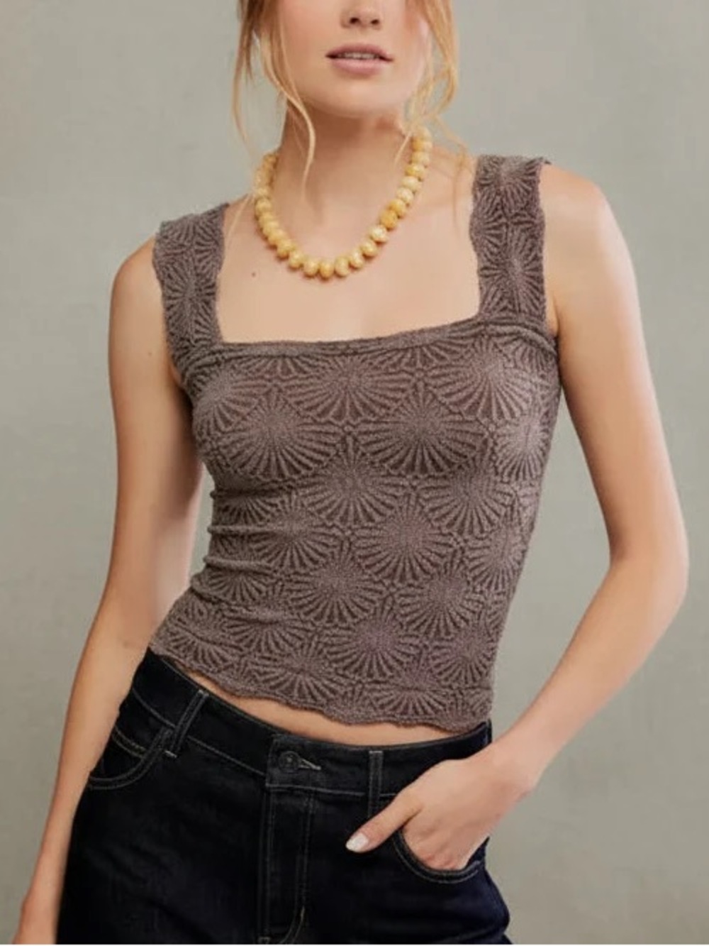 Free People Intimately Love Letter Cami Textured Lace Tank | Dark Mushroom | M/L